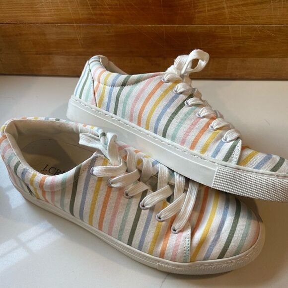 J. Crew Striped Sneakers Women Casual 8.5 Rainbow Printed Road Trip Canvas - Picture 2 of 9
